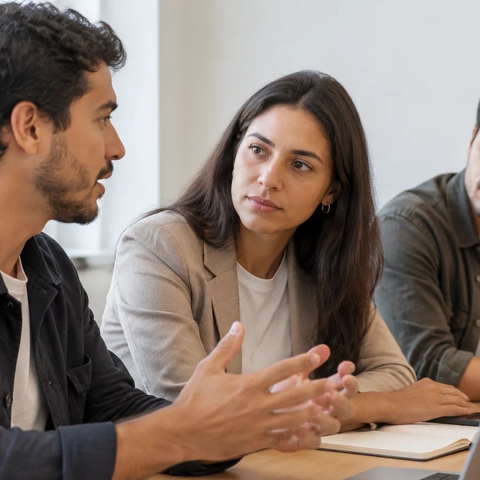 Duas participantes conversando de pé entre as estantes de uma biblioteca