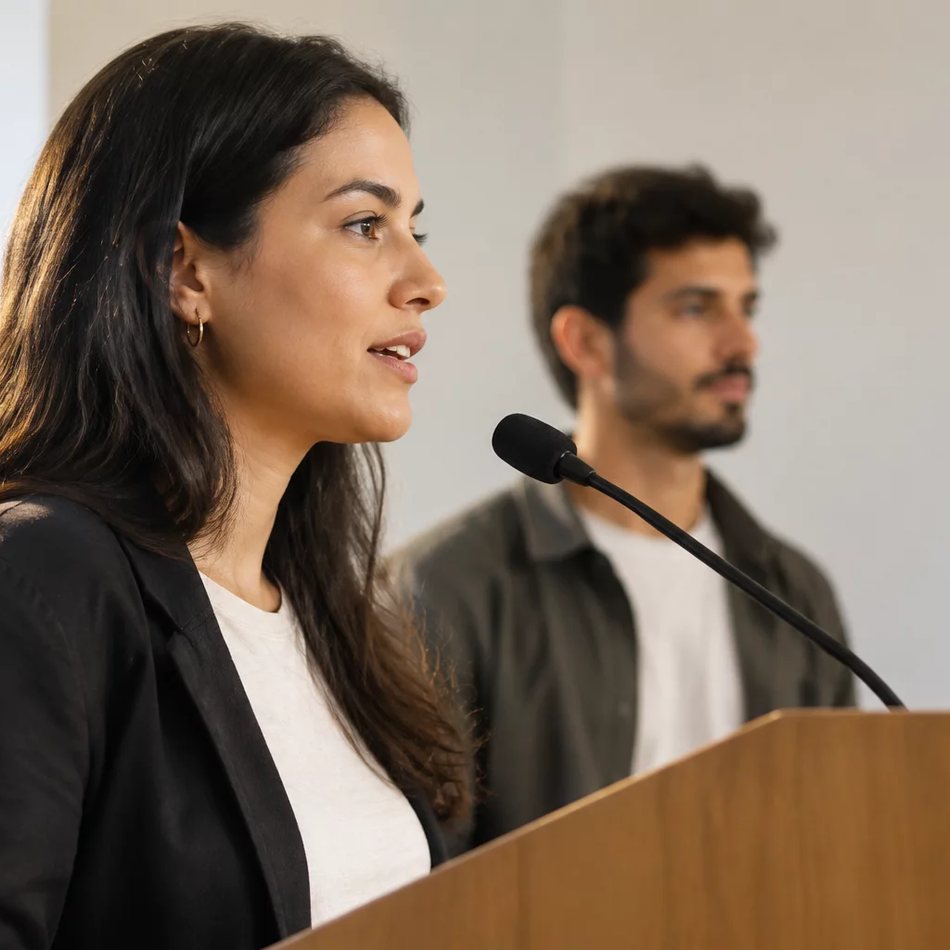 Microfone deitado na mesa, com a roda de participantes desfocada ao fundo