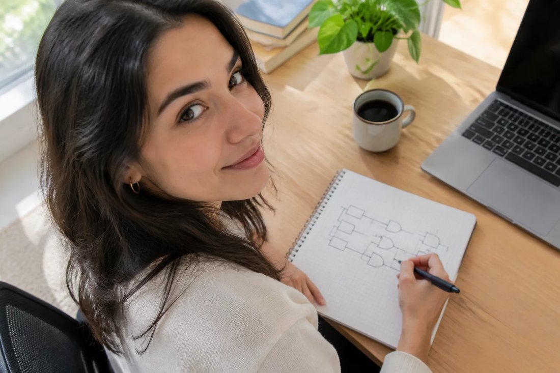 Duas pessoas relendo anotações num tablet apoiado na mesa